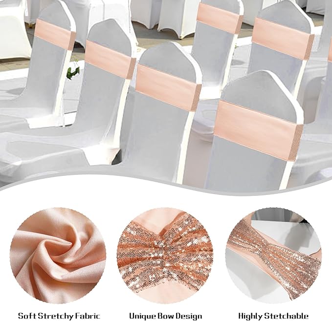 SquarePie Pack of 100 Chair Sashes Bands Rose Gold Stretch Spandex One-Sided Sequin Chair Bows Sashes for Wedding Party Fiesta Decor
