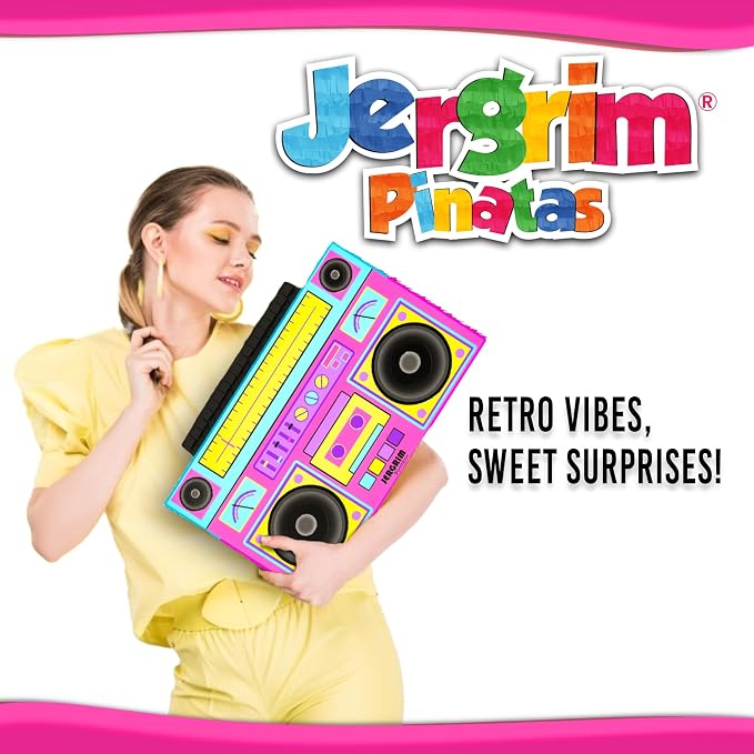 Jergrim Boombox Piñata 4-Piece Set perfect for Retro Birthday Party, Decorations, 80s Parties, Hip Hop 90s, 1980’s Radio Piñata for kids and adults (17”X10”) Durable!
