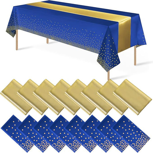 16Pack Disposable Plastic Tablecloths and Satin Table Runner Set Blue and Gold Dot Tablecloth Gold Satin Table Runner for Wedding Birthday Baby Shower Anniversary Christmas New Year Party Decorations