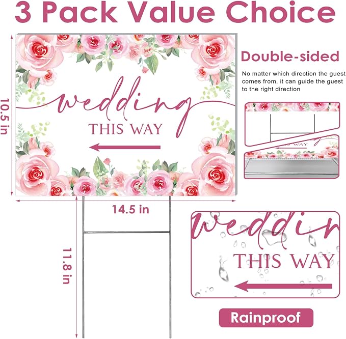 3 Pack 14.5” x 10.5” Wedding This Way Signs Double Sided Printed Wedding Direction Sign with Stakes for Ceremony Reception Lawn Yard Direction Arrow Signs Exquisite Plastic Rainproof Party Supplies,Rose Floral