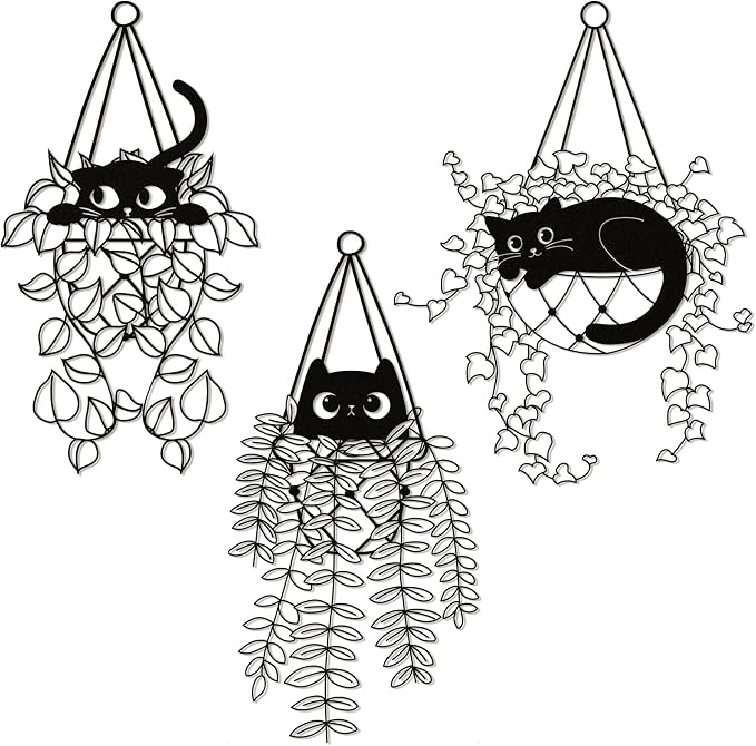 Fiwochic 3 Pcs Black Cat Metal Wall Decor Cute Black Cat Botanical Wall Art Leaves Art Hanging Plant Decoration for Cats Lover Minimalist Room Living Room Patio Decor Gift