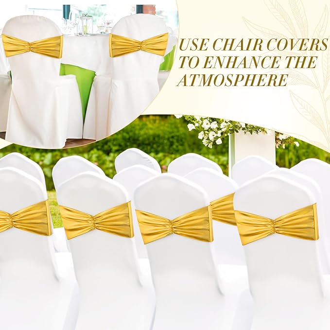 Hahafelt 50 Pcs Chair Sashes Shiny Bow Spandex Bands for Chair Wedding Banquet Parties Reception Restaurant Decoration (Gold)