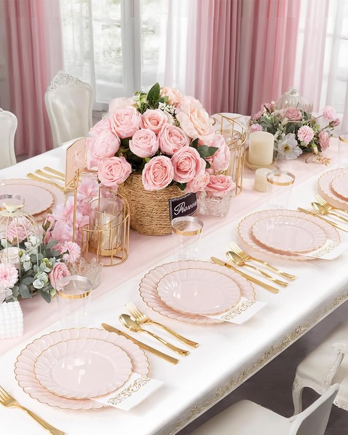 YOUBET 175PCS Pink Scalloped Plastic Plates - Gold Disposable Dinnerware Set Include 50 Plates, 75 Gold Silverware, 25 Cups, 25 Napkins for Party & Wedding & Baby Shower Mothers Day