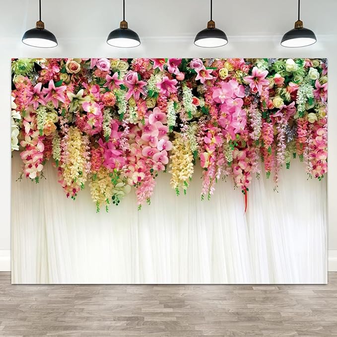 15x8ft Pink Floral Backdrop White Curtain Wedding Reception Photography Background Colorful Flowers Anniversary Bridal Shower Decorations Birthday Party Baby Shower Portrait Photo Booth Prop