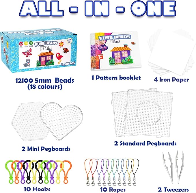 FUNZBO 12000 5mm Fuse Beads Kit - 18 Colors Individual Pack, Homeschool Arts and Crafts Supplies for Kids, Toys Set, Art Decorations for Room, Toys Gifts for Girls and Boys Age 5+