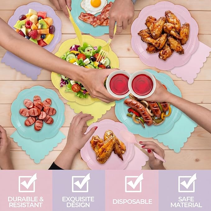 Qinyoung 388 Pcs Pastel Plates and Napkins Party Supplies Tableware Include Disposable Scalloped Plate Paper Napkin Cup Plastic Cutlery for Baby Shower Party Wedding Birthday, 48 Sets