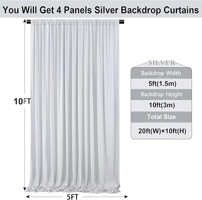 20ft×10ft Silver Grey Wrinkle Free Backdrop Curtains for Parties, 4 Panels 5×10ft Thick&Silky Polyester Silver Photo Backdrop Drapes Curtains for Birthday Party Baptism Photography Home Decor