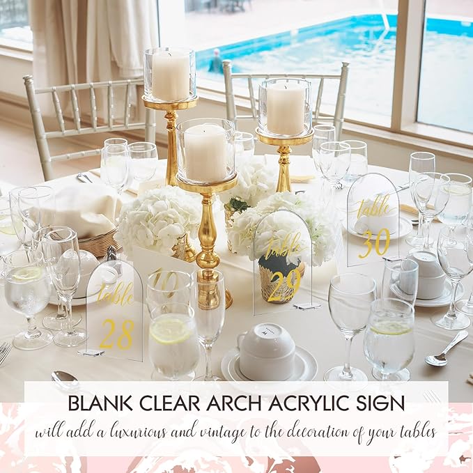 Vicenpal 4 x 6 Inch 30 Sets Acrylic Gold Table Numbers 1-30 Clear Table Signs Display Stand for Wedding Reception Event Party Centerpieces Decor