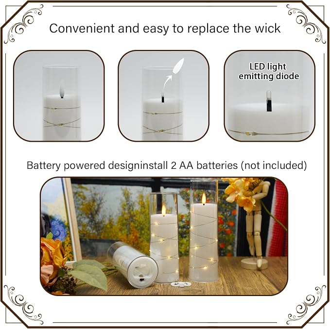Nimiko Flickering Flameless LED Candles, 9 Pcs with Embedded Star String, Acrylic LED Pillar Candles with Remote, Suitable for Home Decoration (White)