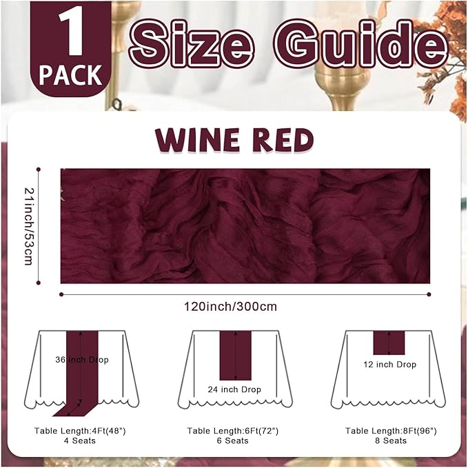 Burgundy Valentine's Day Cheesecloth Table Runner 21x120 Inch Gauze Table Runners Reusable Polyester 10ft Boho Rustic Cheese Cloth Table Runner for Wedding Party Baby Shower Birthday