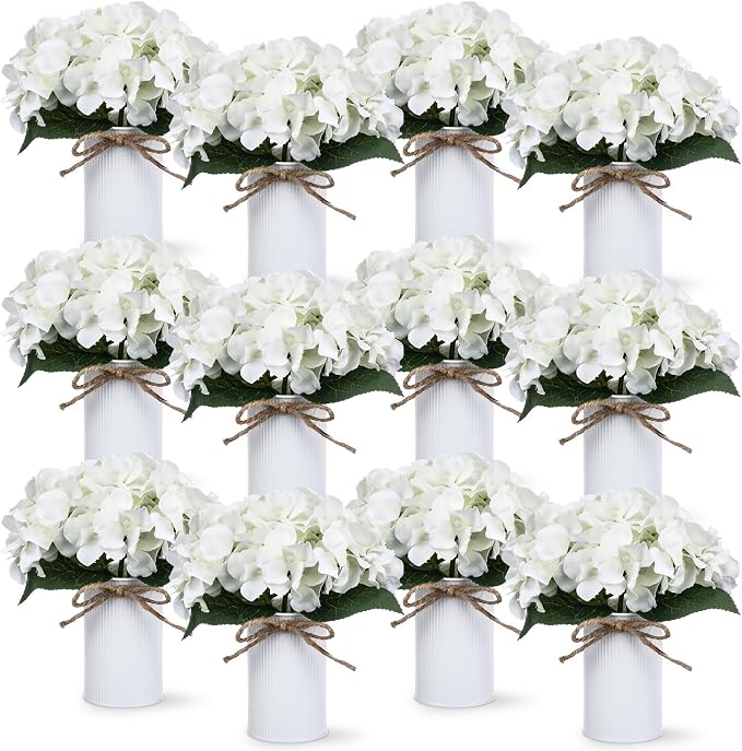 Zeyune White 12 Sets Wedding Flower Table Centerpieces Artificial Hydrangeas with Rustic Metal Vase Fake Hydrangea Flowers in Pot Floral Arrangement for Wedding Bridal Tea Party Table Home Decor