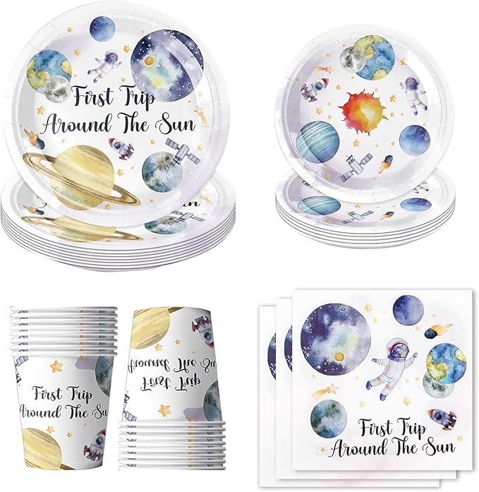 96 PCS First Trip Around The Sun Decorations,Outer Space Party Decorations 1st Birthday Party Supplies Plates Napkins Cups Set,Space Theme First Birthday Party Decorations for Boy Girl