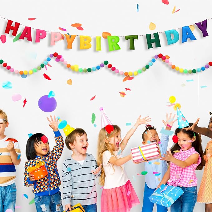 Mindsoft 2 Pcs 9.83ft Pre Strung 3D Happy Birthday Felt Fabric Banner with Ball Garland Reusable Pom Pom Garland for Birthday Party Decorations Sign Photo Prop Boys Girls(Rainbow Color)