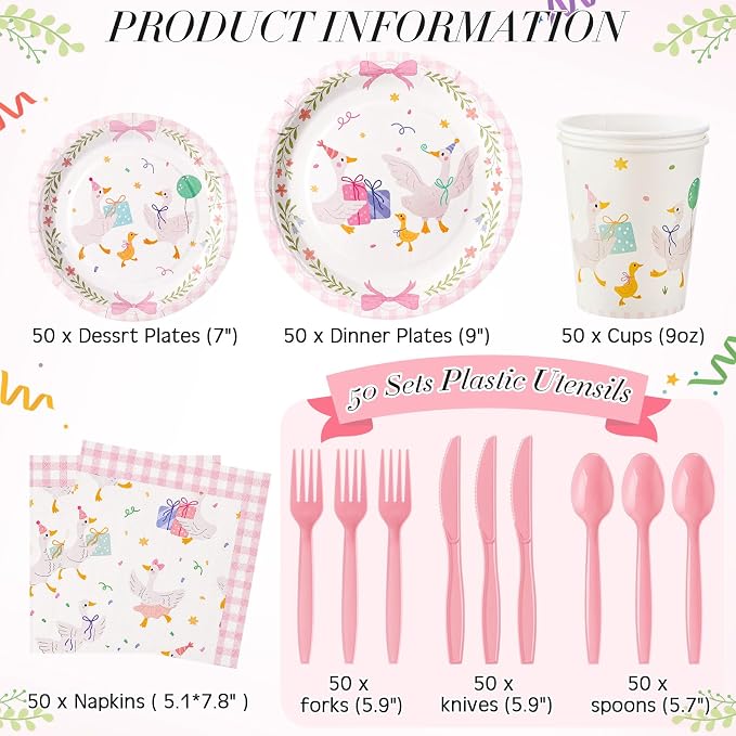 Ziliny 350 Pcs One Silly Goose Baby Shower Decoration One Silly Goose Birthday Decoration Paper Plates Napkins Tableware for Gender Reveal Newborn Birthday Party Serves 50 Guests