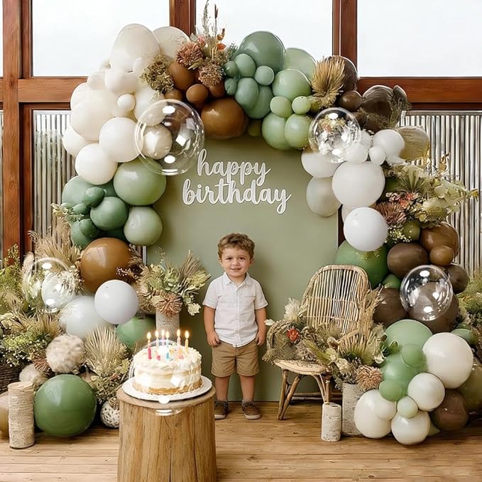 Green Brown Balloon Garland Double Stuffed Dusty Sage Green White Sand Balloons Dark Olive Tan Balloon Arch Kit for Neutral Baby Shower Birthday Bridal Wedding Woodland Safari Jungle Party Decorations