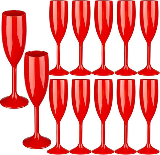12pcs Red Champagne Flutes,6OZ Acrylic Champagne Glasses Plastic Goblets Wine Mimosa Glasses Wedding Toasting Shatterproof Reusable Vintage Champagne Flute Drinking Cups for Bridal Christmas Party