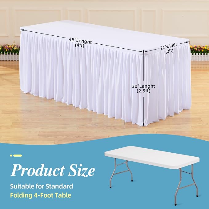 PARTISKY 2 Pack White Tablecloths for Rectangle Tables 4ft, Wrinkle Resistant White Table Cover Fitted Stretch Table Cloth with Pleated Ruffle Skirts for Party Banquet Dining Birthday Wedding
