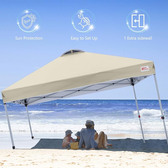 MASTERCANOPY 10x10 Pop Up Canopy Tent with 1 Sidewall, 1 Person Setup Instant Shelter, Outdoor Portable Beach Canopy, 1 Roller Bag, 4 Sandbags, 4 Ropes, 8 Stakes (10x10, Beige)