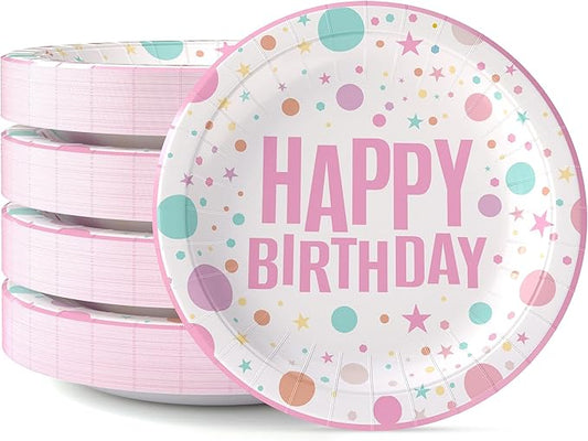 Exquisite Pink Happy Birthday Plates 7" Birthday Paper Plates 100 Pcs Pink Party Plate | Disposable Heavy Duty 350 Gsm Disposable Plate For Party Supplies And Decorations