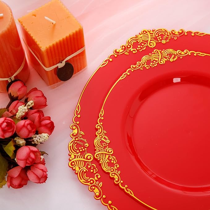 Morejoy 175PCS Red Plastic Plates,Red Disposable Plates With Gold Rim,Red and Gold Plastic Dinnerware Set Includes: 50 Plates,25 Silverware Sets,25 Cups,25 Napkins,Perfect for Party,Mother's Day