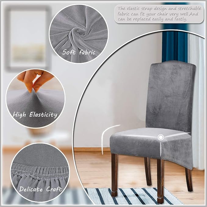 Velvet Plush XL Dining Chair Covers, Stretch Chaircover, Spandex High Chairs Protector Covers Seat Slipcover with Elastic Band for Dining Room,Wedding, Ceremony, Banquet (Silver Grey, Set of 4)