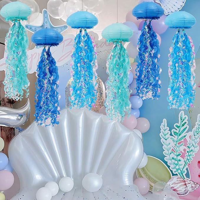 Mermaid Birthday Decorations, Jellyfish Paper Lanterns Hanging Jellyfish Decorations for Mermaid Baby Shower Under The Sea Blue Party Decorations Pack of 6 (Blue)