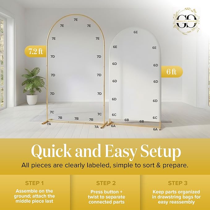 Metal Arch Backdrop Stand and Cover Set – 3 Gold Frames (7.2ft, 6ft x2) with White Wrinkle-Free Spandex Covers, Water Weights, Bags & Case – Wedding, Birthday, Baby Shower, Party Decor