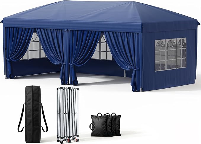 10x20 Pop Up Canopy with Sidewalls, Instant Tent with Carry Bag, Sandbags, Height Adjustable Waterproof Outdoor Canopy, Outdoor Canopy for Events, Camping, Parties (Blue)