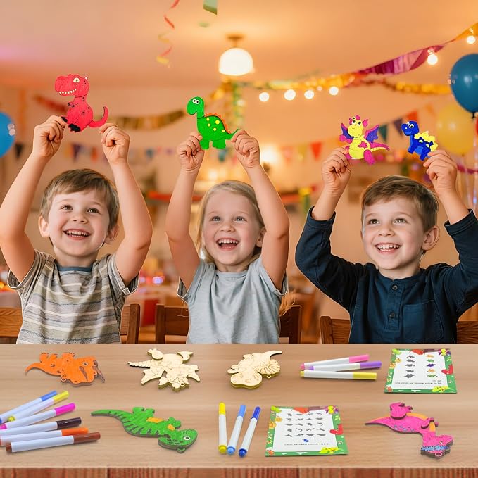 12 Pack Dinosaur Party Favors, Wooden Painting Kit Art and Crafts for Kids Dino Painting Toys Birthday Party Return Gifts Goodie Bag Filler Pinata Stuffer Classroom Prizes Wood Keychain Paintable Kit