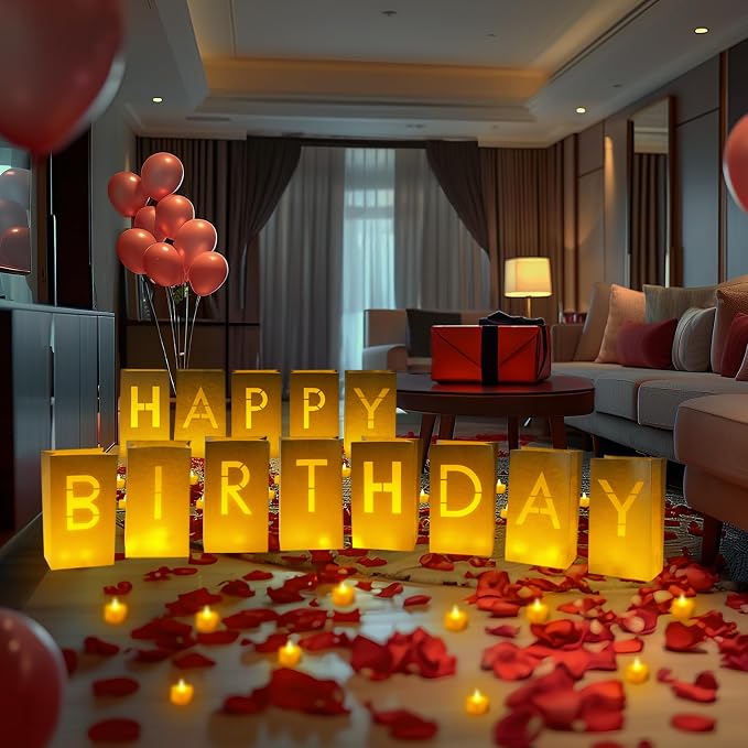 Homemory Happy Birthday Light Up Letters Luminary Bags with Flameless Candles and 2000 Fake Rose Petals, Happy Birthday Banner Sign Party Decoration for Women Men