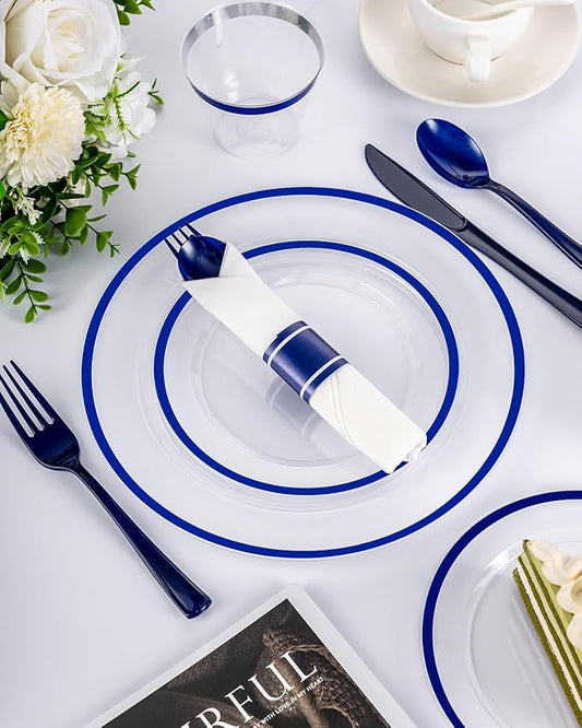 BESTVIP 175Pcs Clear Blue Plastic Plates for Party, Disposable Clear Dinnerware Set for 25 Guests, 50 Plastic Plates, 25 Cups, 25 Pre-Rolled Napkins with Cutlery for Party, Wedding, Christmas