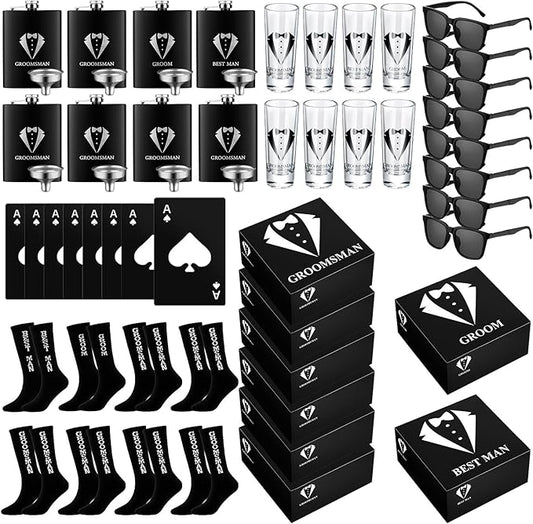 Leumoi 48 Pcs Groomsmen Gifts Box Set Groomsmen Box Stainless Steel Flask Shot Glasses Beer Bottle Poker Card Opener Sunglasses Socks Proposal Gift for Wedding Party