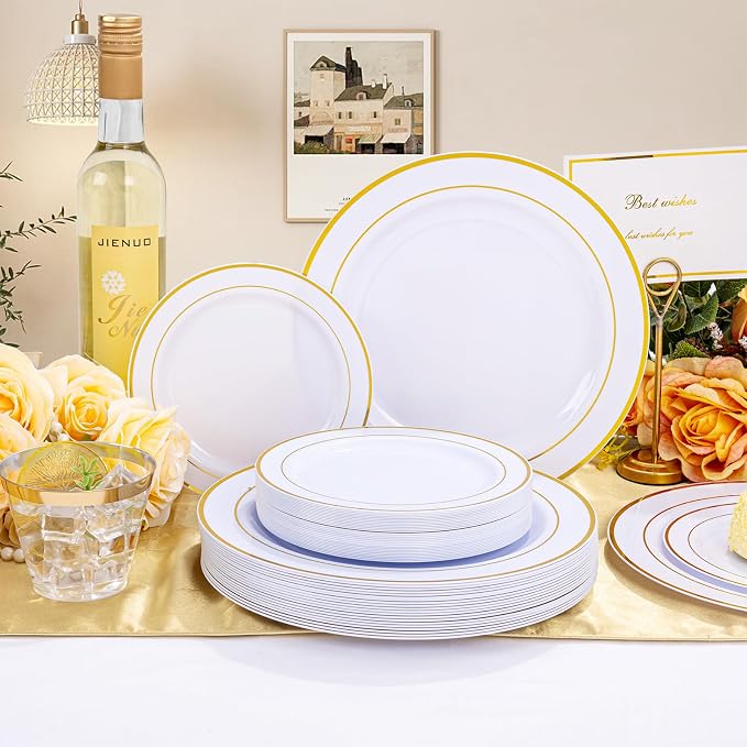 WELLIFE Gold Disposable Dinnerware Set for 100 Guests - 600PC BPA-Free Plastic Plates & Cutlery Kit with 100 Dinner Plates, Salad Plates, Forks, Knives, Spoons & Cups for Party, Catering (Heavy-Duty)