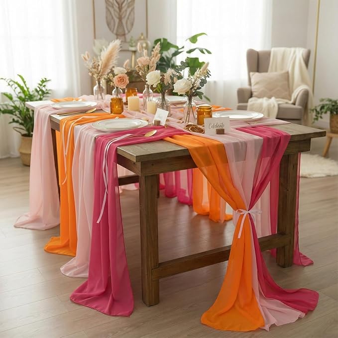 Boao 6 Pcs Red Pink Orange Party Decorations Table Runner Cloth 10Ft Boho Sheer Rustic Fabric Sunset Soiree Party Decorations for Wedding Birthday Baby Bridal Shower Graduation Dawn Sunset Decor