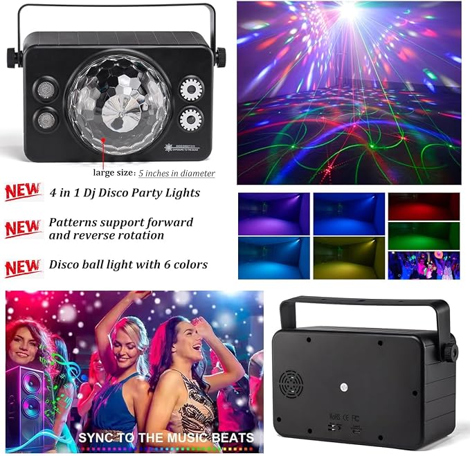 Laucnpty 4 in 1 Party Lights Dj Disco Ball Light with Sound Activated and 6 Lighting Colors, LED Stage Strobe Lamp for Home Indoor Room Dance Parties Karaoke Club Show Bar Rave(Lampshade Diameter 5'')