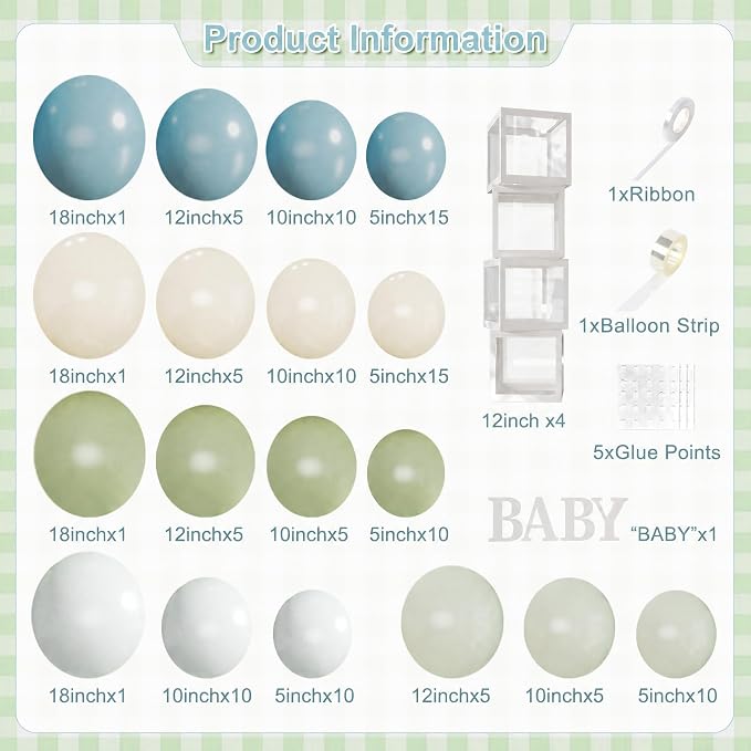 Dusty Blue Sage Green Balloon Baby Shower Decorations, 132Pcs Fog Blue Light Blue Green Sand White Balloon Arch Garland Kit Baby Box with Letters for Boho Baby Shower Gender Reveal Party Decorations