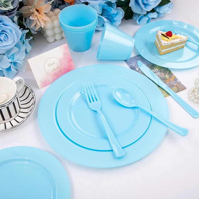 KIRE 150 Piece Blue Plastic Plates Disposable - Blue Dinnerware Set Includes 25 Dinner Plates, 25 Salad Plates, 25 Utensils Set 25 Clear Cups for Birthday/Picnic/Baby Shower/Easter/Spring