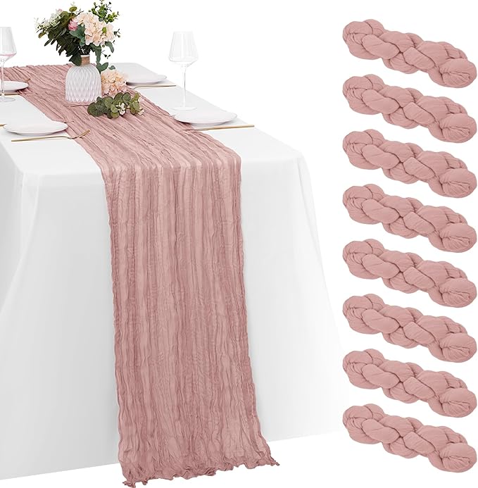 8 Pack Dusty Pink Cheesecloth Table Runners 20x120 Inch Gauze Table Runner Cheese Cloth 10FT Pink Table Runner Rustic Sheer Runner for Wedding Birthday Party Baby Shower Table Decor