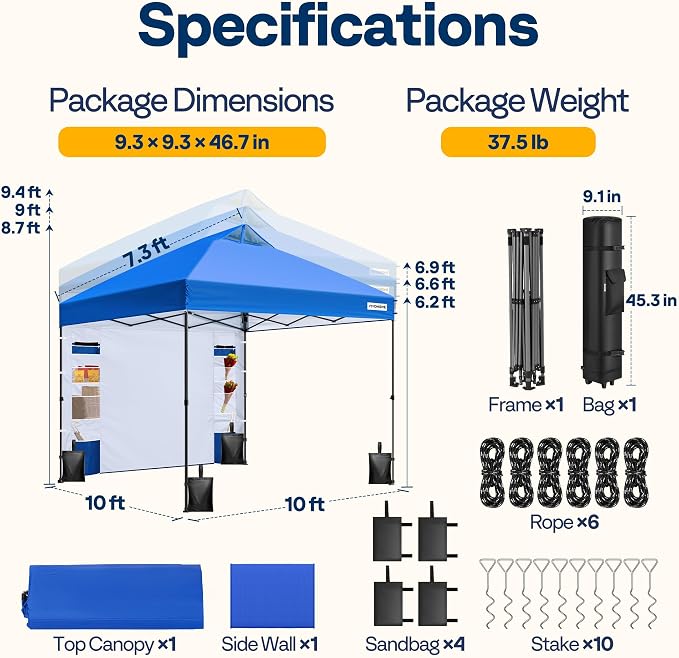 VIVOHOME 10x10ft Pop Up Canopy Tent with Sidewall and 6 Pockets, One Push Setup Outdoor Portable Shelter Tent Heavy Duty with Wheel Carry Bag and 4 Sandbags, Blue