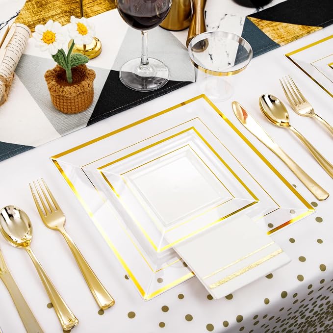 Festiva 350Pcs Clear Plastic Plates with Gold rim - Clear Gold Disposable Dinnerware for 50 Guests include Square Plastic Plates/Cups/Cutlery/Napkins Perfect for Birthday Party&Wedding