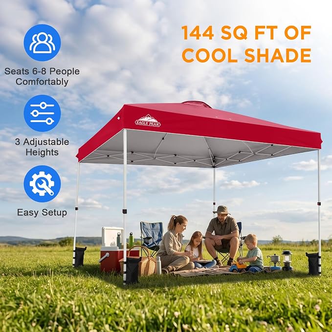 EAGLE PEAK Pop Up Canopy Tent with Wheeled Carry Bag, 8 Stakes, 4 Ropes, 4 Weight Bags, Easy Set Up Tent Canopy, 12x12 ft, 144sqft of Shade, Red