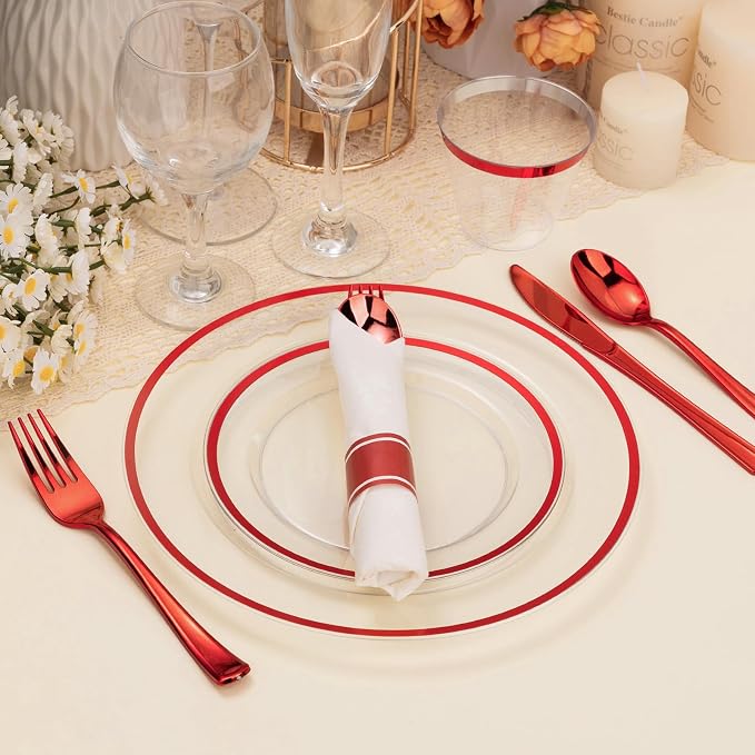 BESTSTAR 175PCS 4th of July Plastic Plates, Clear and Red Disposable Plates Set for 25 Guests, 50 Plastic Plates, 25 Cups, 25 Pre-Rolled Napkins with Plastic Cutlery for Party, Birthday, Christmas