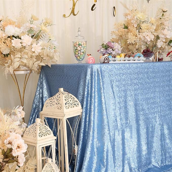 Eternal Beauty Baby Blue Tablecloth, 50x80 Inch Sequin Rectangle Table Cover for Cake Dessert Exhibition Party Birthday Events