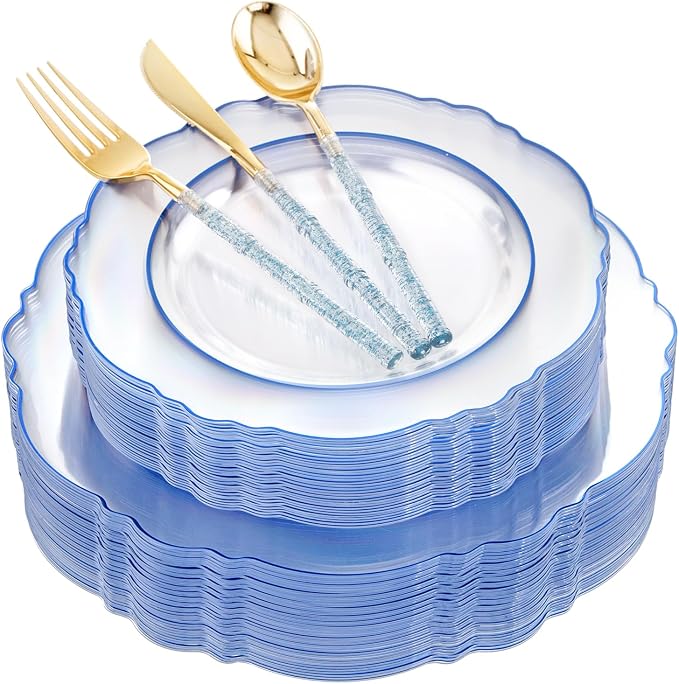 Liacere 150PCS Clear and Blue Plastic Plates-Clear and Blue Disposable Plates with Glitter Bamboo Handle Cutlery-60 Baroque Elegant Plates, 30 Forks, 30 Spoons, 30 Knives for Wedding&Party&Mothers Day