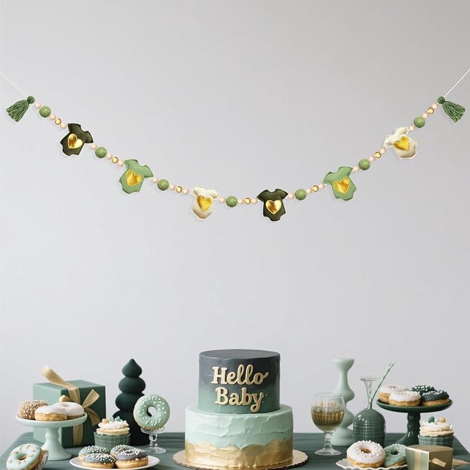 Sage Green Gold Baby Clothes Decorations Handmade Pre-Strung Felt Baby Clothes Banner Wool Felt Ball Wooden Bead Garland for Neutral Baby Shower Gender Reveal Party Nursery Fireplace Home Decor