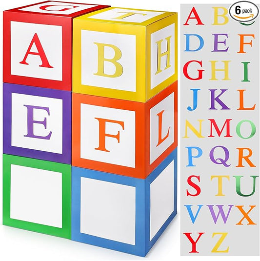 ReliThick 6 Pcs Custom Letter Toy Inspire Party Boxes with 52 Pcs Letter Cutouts 11.8 x 11.8 Inch Colorful Balloon Box Personalized Big Party Favor Box for Birthday Party Decoration(Classic Color)