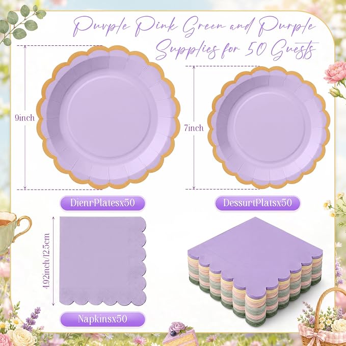 Zhehao 150 Pcs Fairy First Birthday Decorations Pink Green Purple Plates and Napkins Tableware Serves 50 Include 9 Inch 7 Inch Scalloped Wave Edges Paper Plate and Napkin for Wedding Baby Shower Party