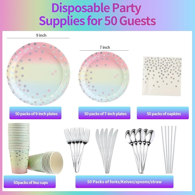 400Pcs Disposable Party Dinnerware Set, Paper Tableware Set, Disposable Party Supplies Happy Birthday Paper Plates, Napkins, Cups, Plastic Forks Knives Spoons Straws Favor for 50 Guests