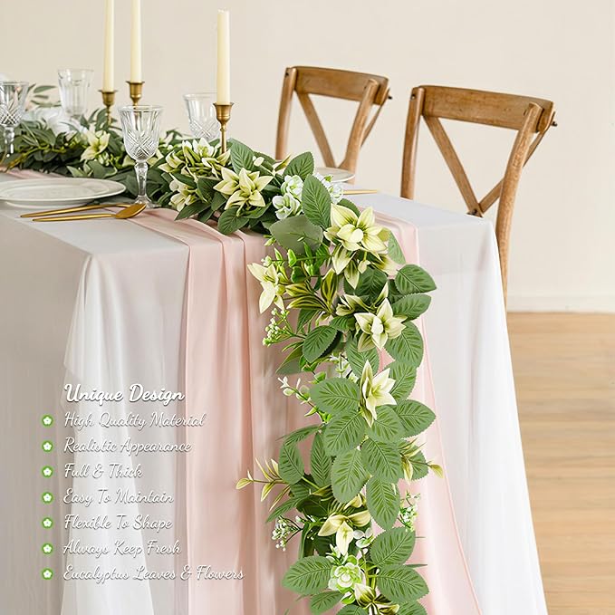 6FT Artificial Eucalyptus Garland with Flowers, Fake Greenery Vines Spring Ivy Leaves for Wedding Backdrop Arch, Table Centerpieces, Party, Home Room Party Indoor Outdoor Spring Decor