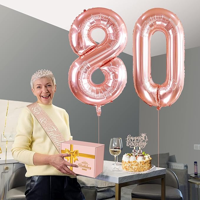 80th Birthday Decorations for Women, Include 80th Birthday Sash and Tiara, Cake Topper and Candles, Number Balloons, Greeting Card, 80 Year Old Gifts for Women